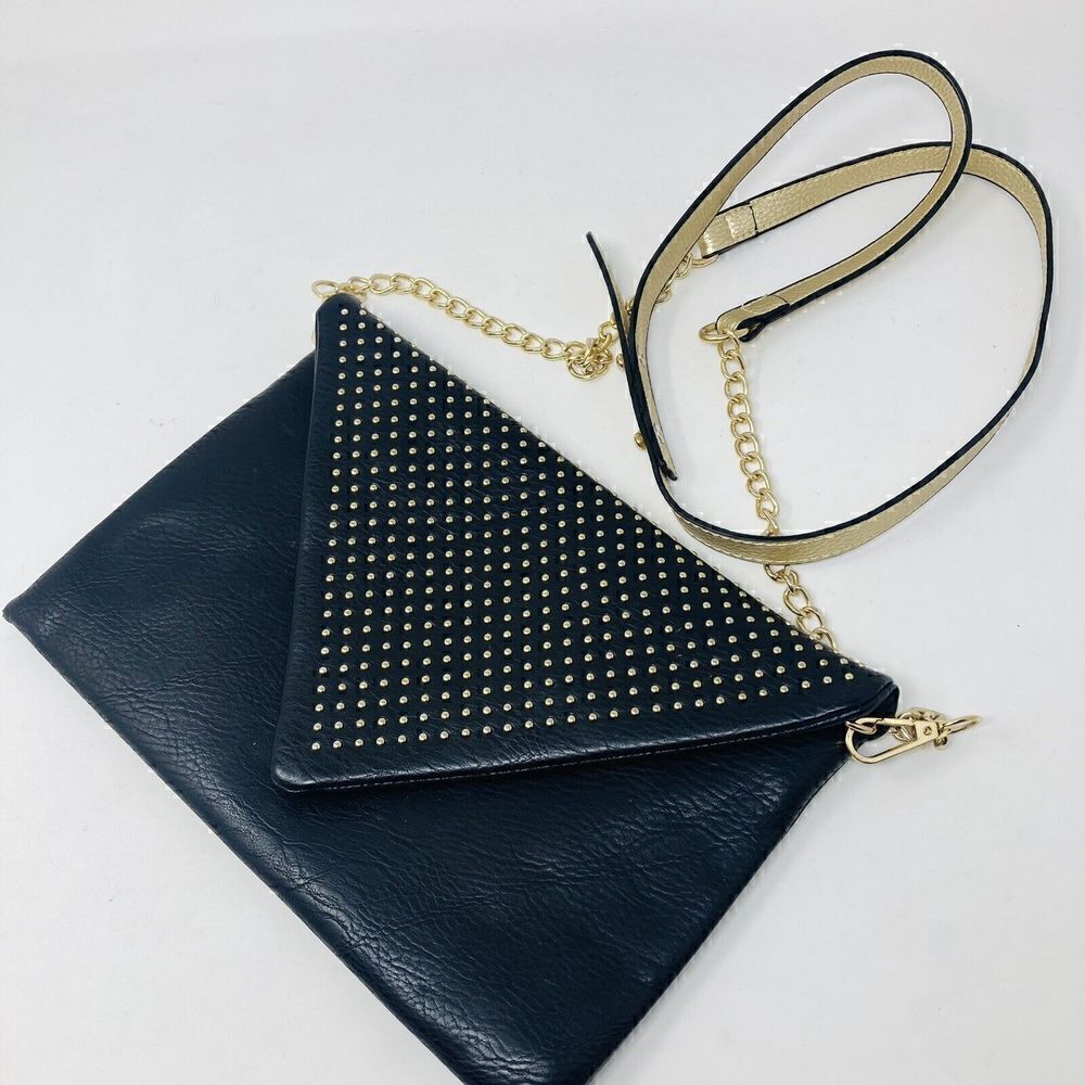 Urban Expressions Black Messenger Studded Crossbody Bag Faux-Leather Gold Strap